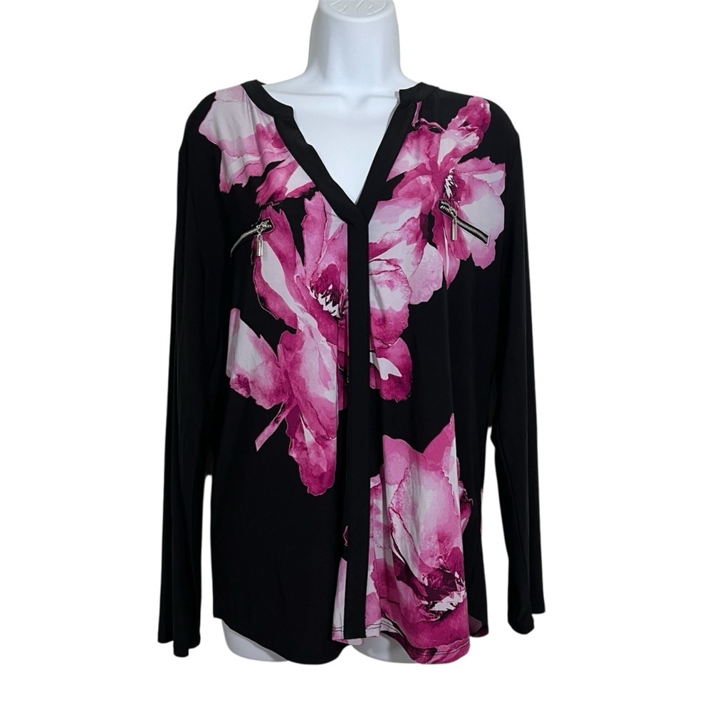 INC International Concepts Black Top Pink Bold Floral Plus Size XL Business Work